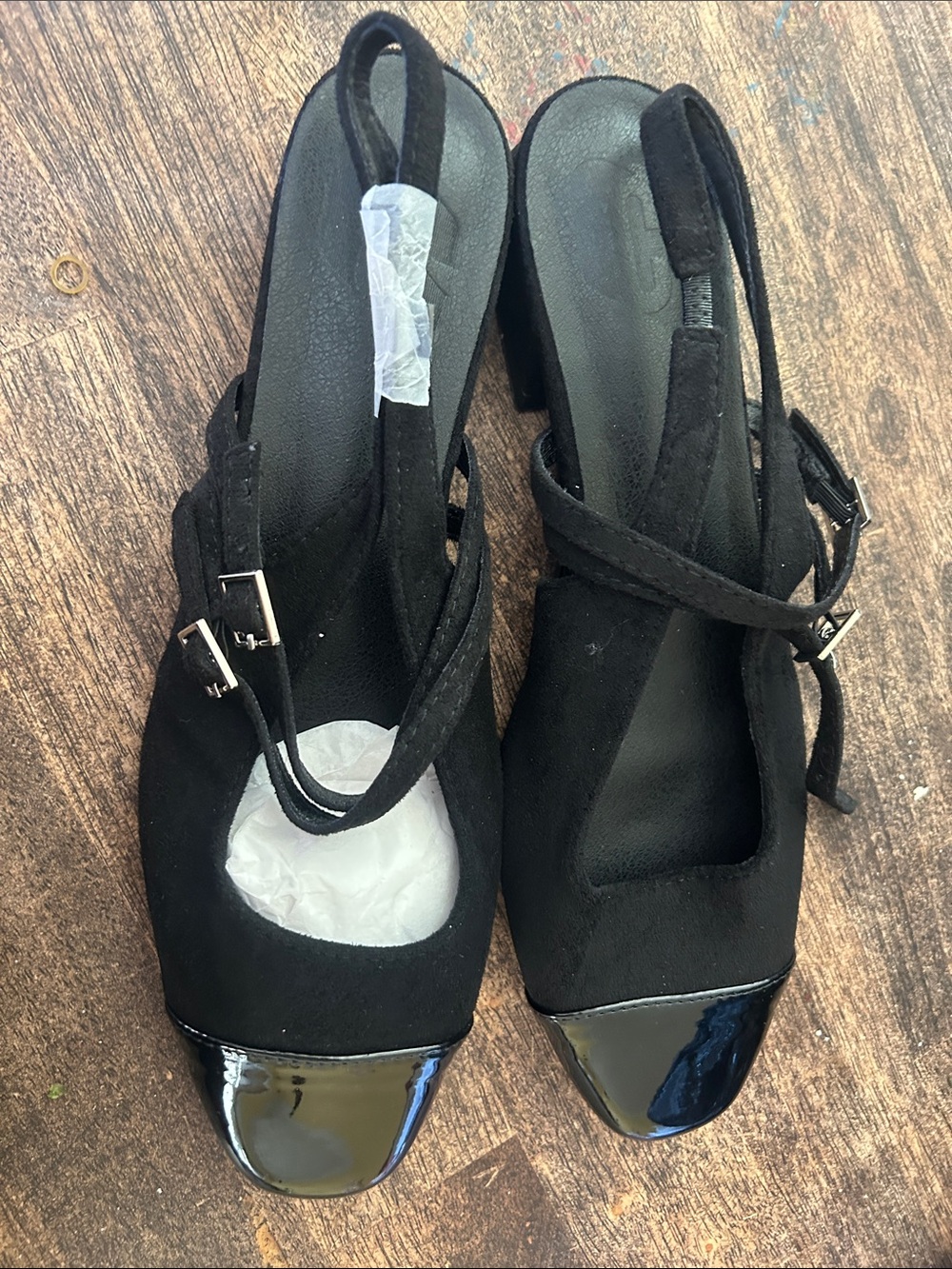 C Black Slingback Suede Pumps with Patent Toe